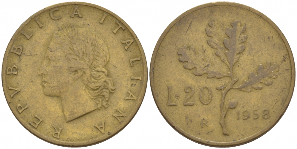 ИТАЛИЯ 20 ЛИР 1958 R, ДУБОВАЯ ВЕТВЬ KM 97.1 алюминиевая бронза 4548-314