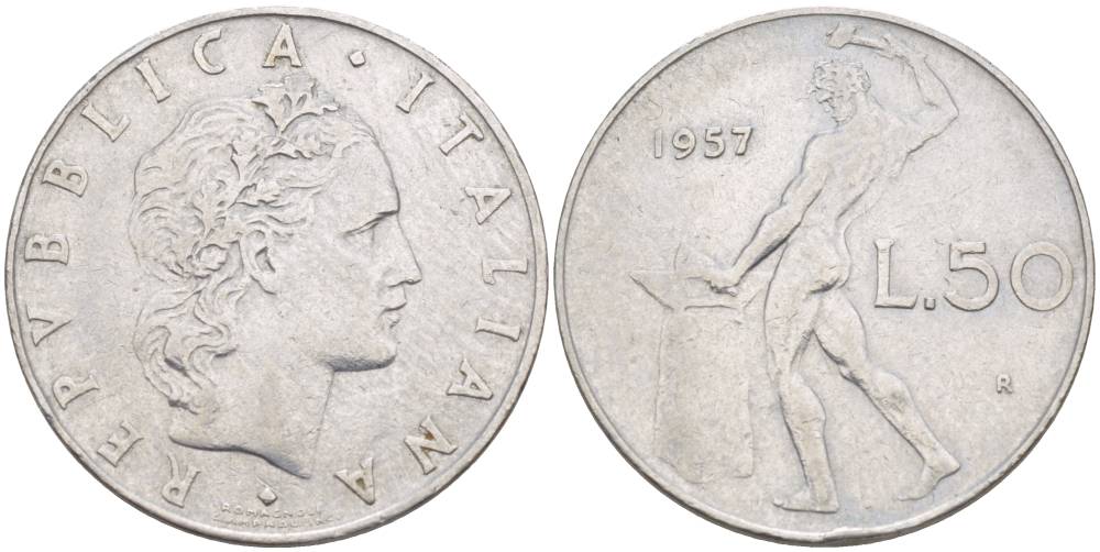 ИТАЛИЯ 50 ЛИР 1957 R, БОГ ОГНЯ ВУЛКАН У НАКОВАЛЬНИ, РЕДКИЙ ГОД KM 95.1 нержавеющая сталь 4551-335