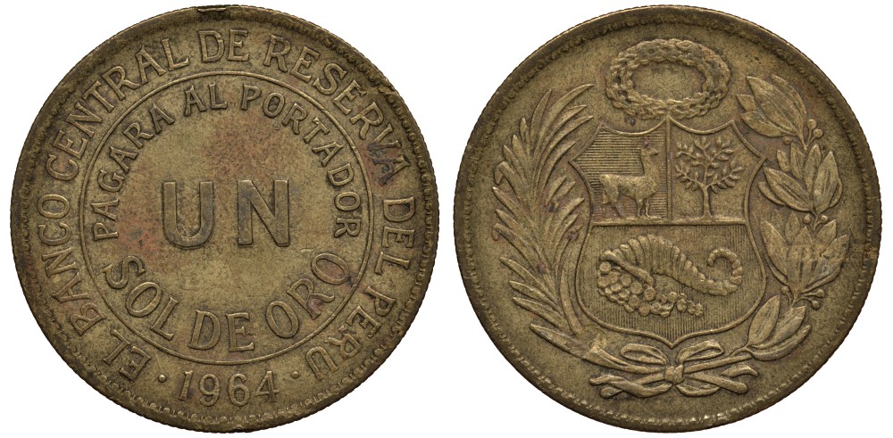 Перу 1 соль 1964 KM 222 латунь VG 118-1035
