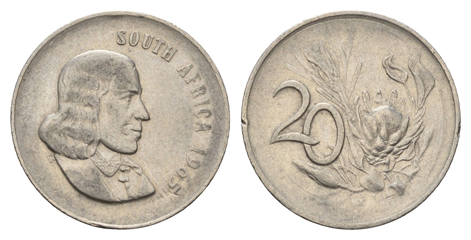 ЮАР 20 центов 1965 Ян ван Рибек (1619-1677), South Africa, легенда на английском, цветок протея KM 69.1 медно-никель 4114-527
