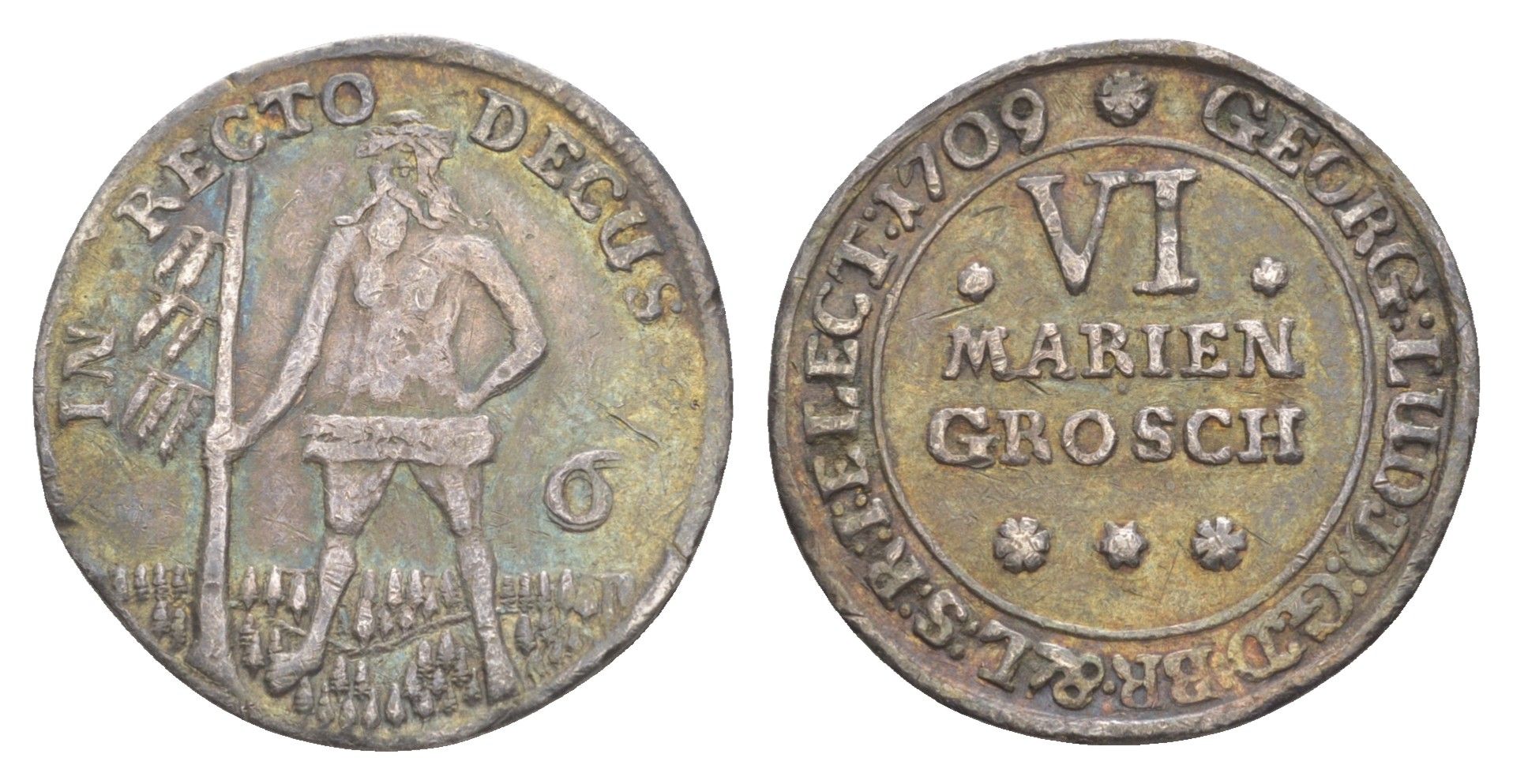 Брауншвейг-Каленберг-Ганновер 6 мариенгрошей 1709 дикарь, Георг I (1698-1727), из коллекции Ричарда Б. Смита KM 11, Welter 2179 серебро 1525-434