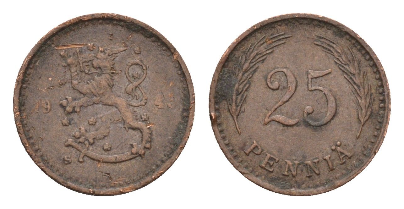 Финляндия 25 пенни 1943 KM 25a медь 4649-224
