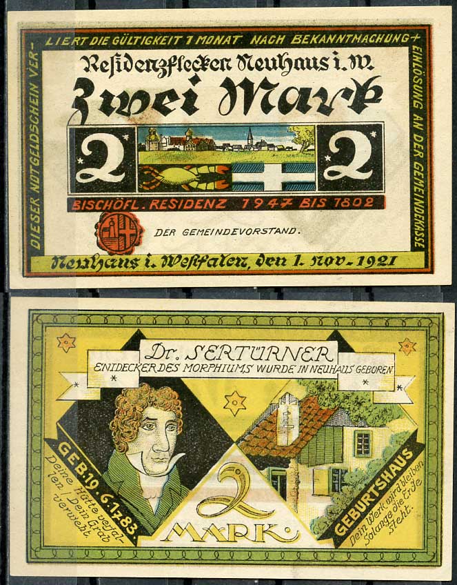Германия, Нойхаус 2 марки 1921 нотгельд, 1.11.1921 Li.918a-2, M.945.1  бумага  UNC (пресс) 444-83-2-2