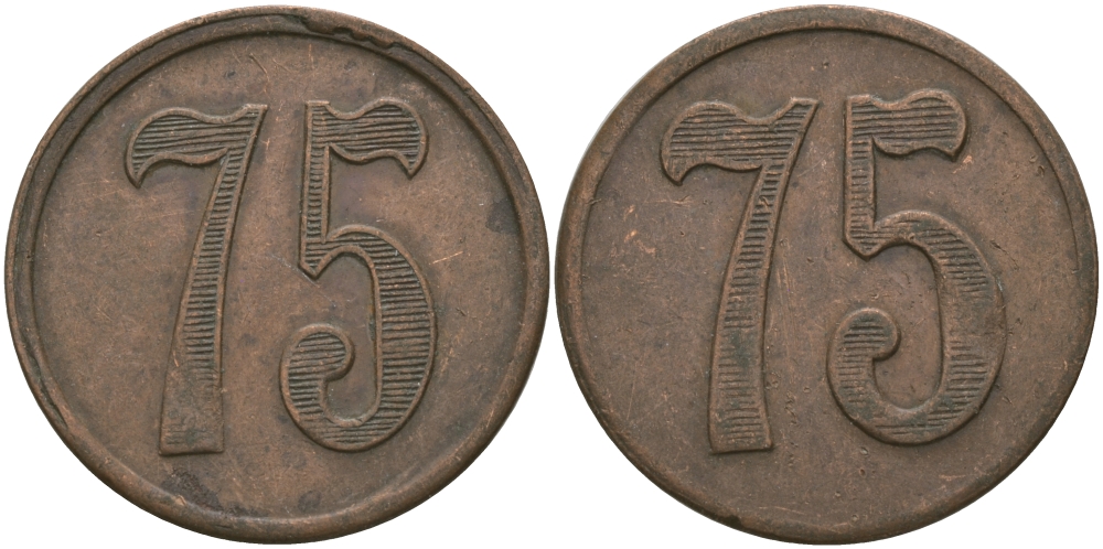 ФРАНЦИЯ 75 САНТИМОВ ND ПЛАТЕЖНЫЙ ЖЕТОН НАЧАЛА XX ВЕКА, ЦИФРЫ НОМИНАЛА 16 ММ., ДИАМЕТР 24 ММ. медь 65-325