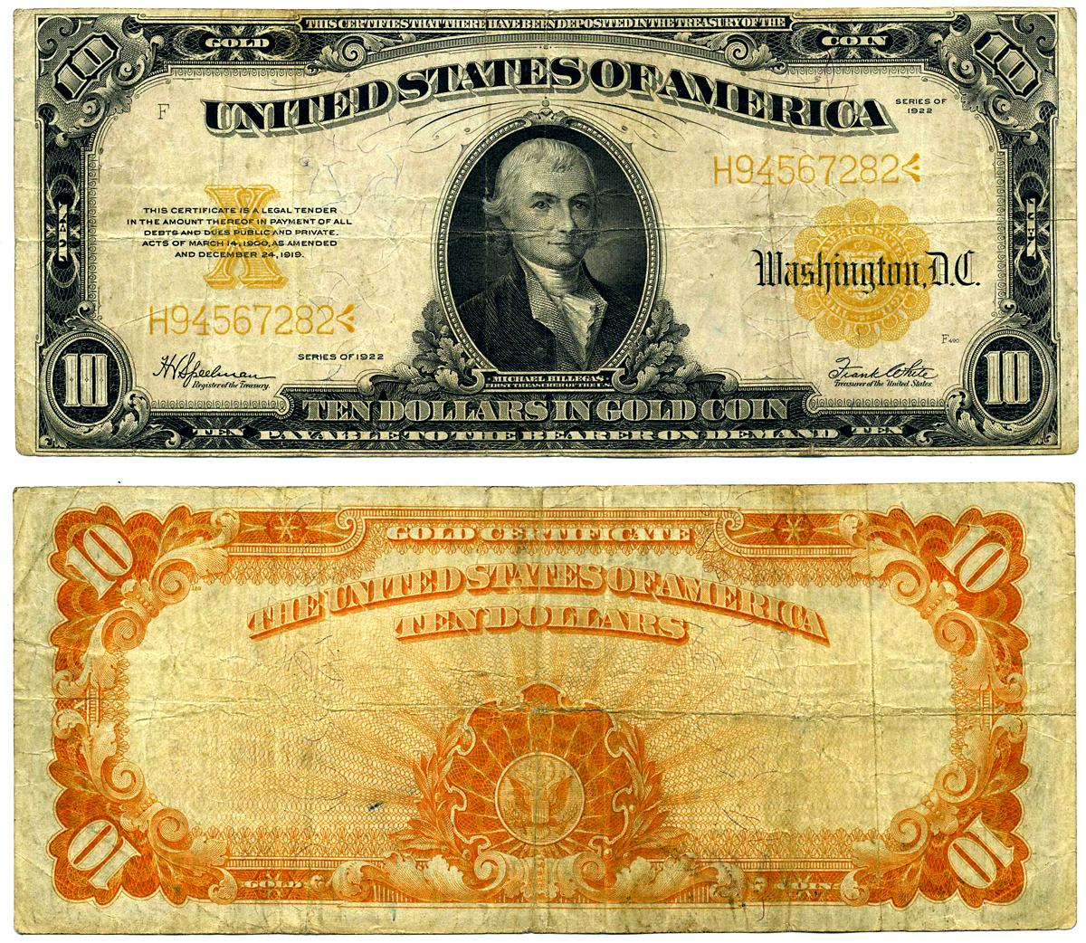 США 10 долларов 1922 золотой сертификат, серия большая, Michael Hillegas первый казначей США Pick 274 (1)  бумага   451-245-1