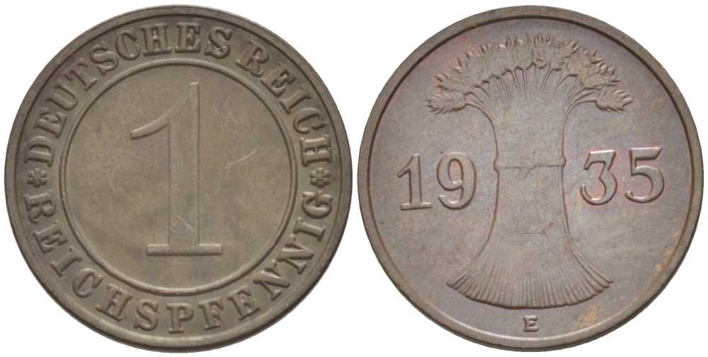 ГЕРМАНИЯ 1 РЕЙХСПФЕННИГ 1935 E KM 37, J. 313, Weege 2 бронза 206-849