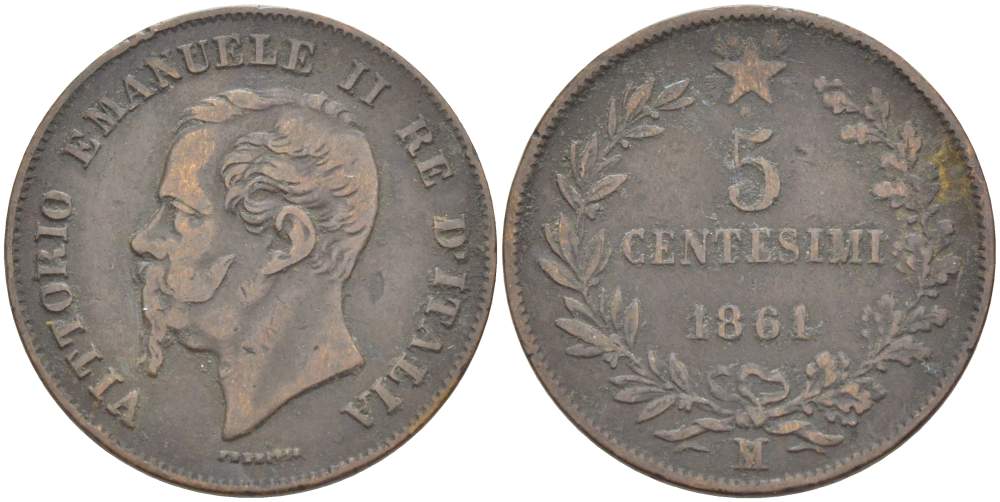 ИТАЛИЯ 5 ЧЕНТЕЗИМО 1861 М, МОНДВОР МИЛАН, ВИКТОР ЭММАНУИЛ II (1861-1878) KM 3.2 медь 4182-1252