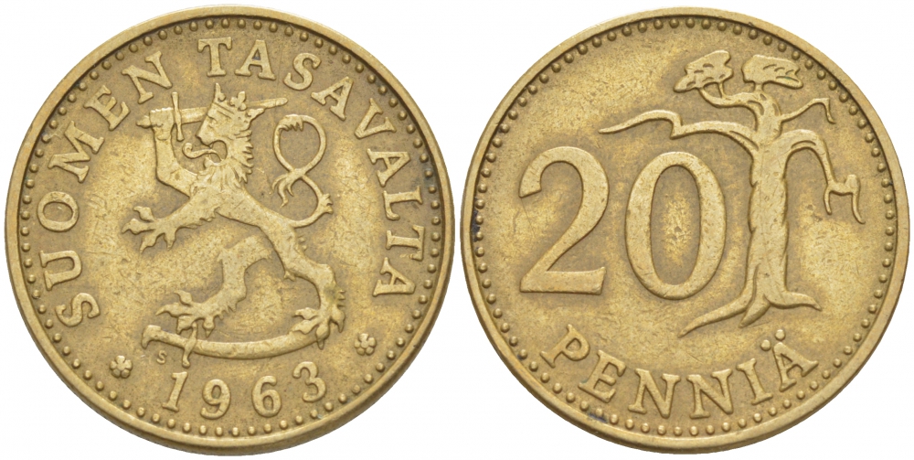 ФИНЛЯНДИЯ 20 ПЕННИ 1963 S ПЕРВЫЙ ГОД KM 47 алюминиевая бронза 3718-1216
