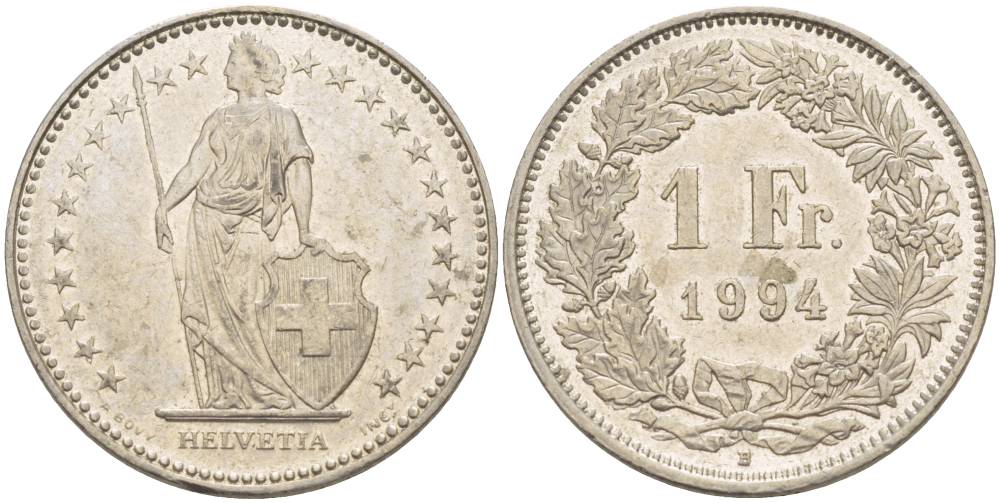 ШВЕЙЦАРИЯ 1 ФРАНК 1994 В KM 24а.3 медно-никель 4544-453