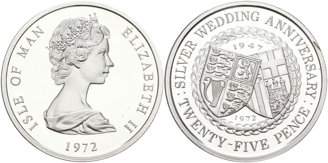 Остров Мэн 25 пенсов 1972 25 лет свадьбы Елизаветы II и Филиппа, гербы KM 25a серебро PROOF 11-012-32