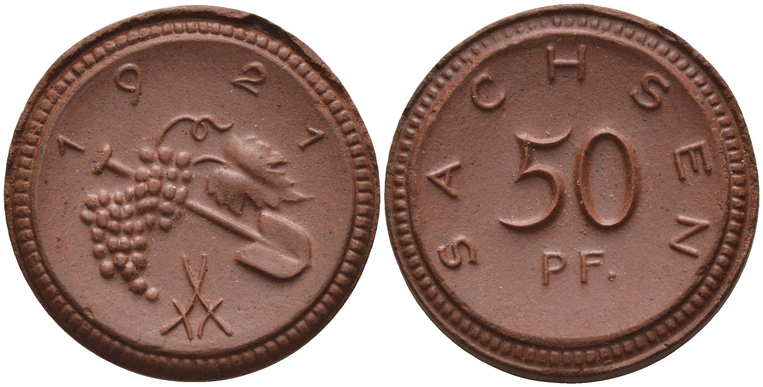 Саксония 50 пфеннигов 1921 виноград и лопата J. N 54 фарфор 1094-5-11