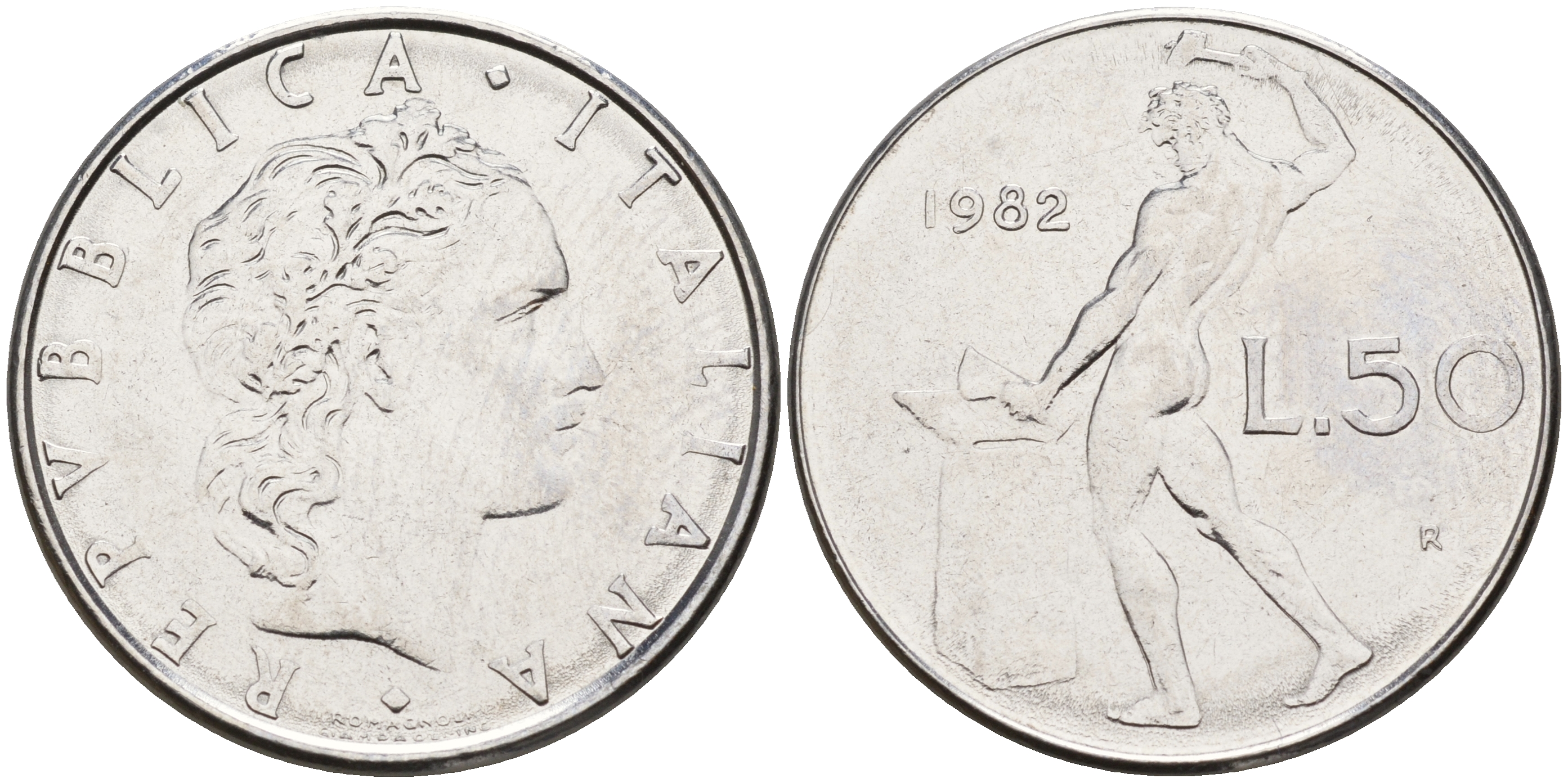 Италия 50 лир 1982 R, кузнец KM 95.1 нержавеющая сталь    4153-232