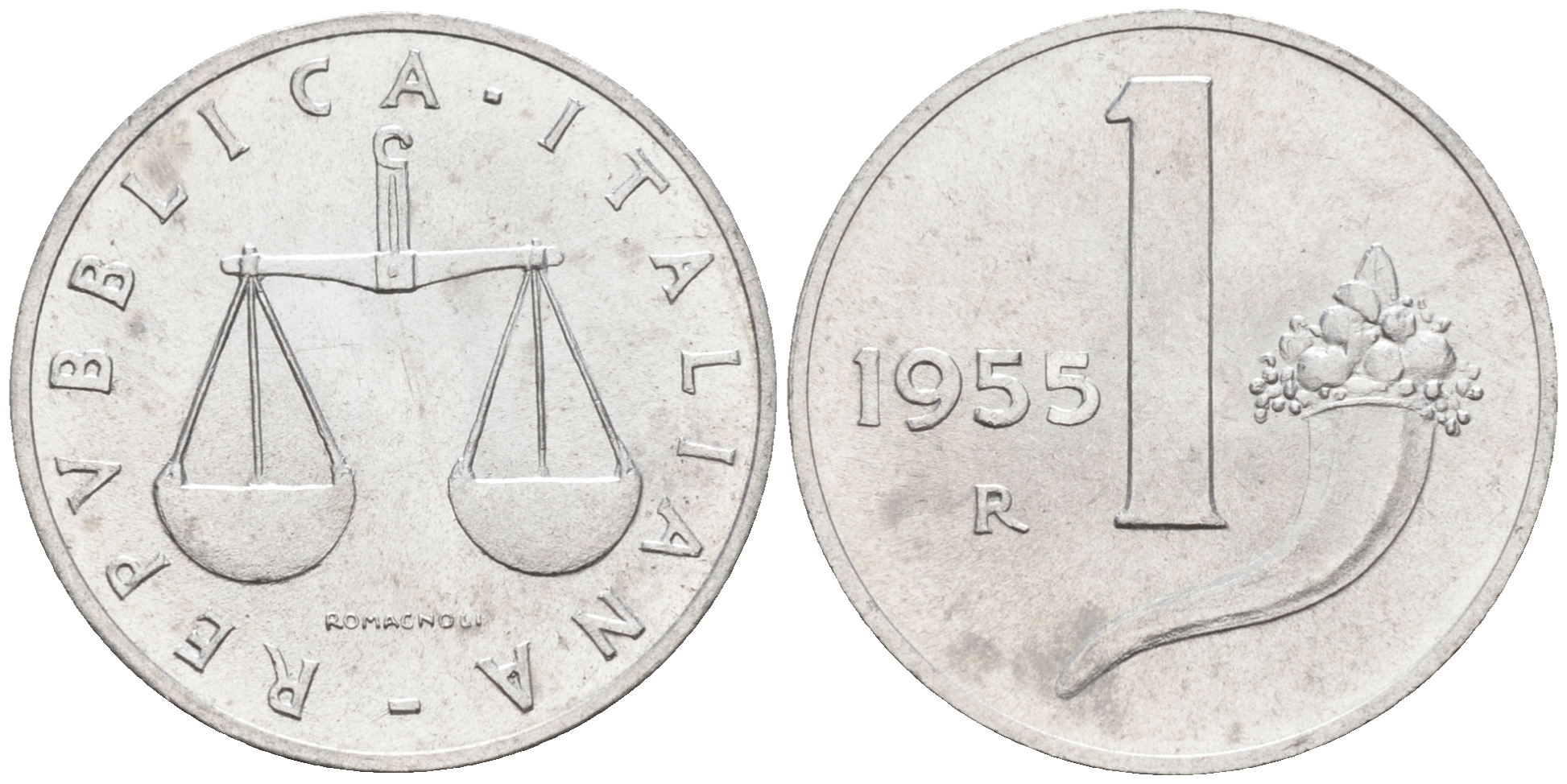 Италия 1 лира 1955 R, весы KM 91 алюминий  UNC  4594-632