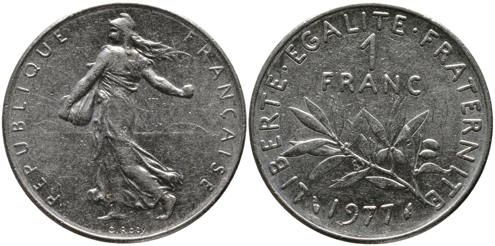 ФРАНЦИЯ 1 ФРАНК 1977 СЕЯТЕЛЬ KM 925.1, LE FRANC 226.22 никель 98-345