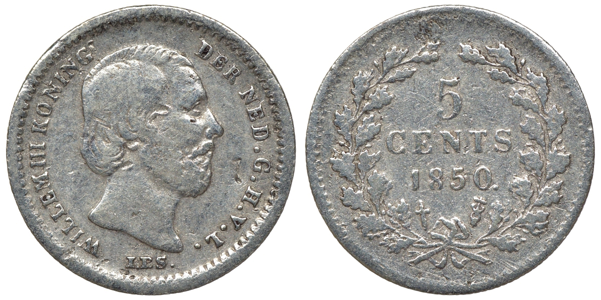 Нидерланды 5 центов 1850 Виллем III (1849-1890), точка после даты КМ 91 серебро 4115-326
