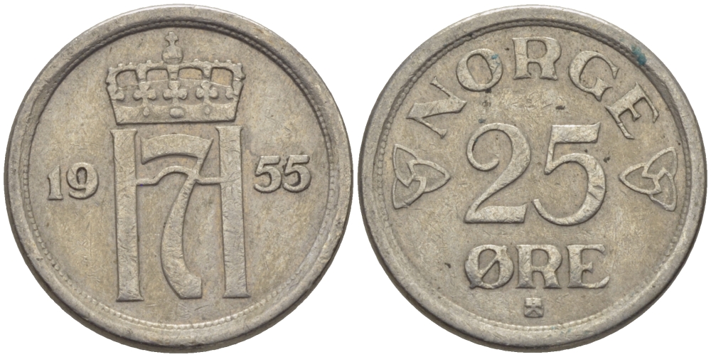 НОРВЕГИЯ 25 ЭРЕ 1955 KM 401 медно-никель 100-126