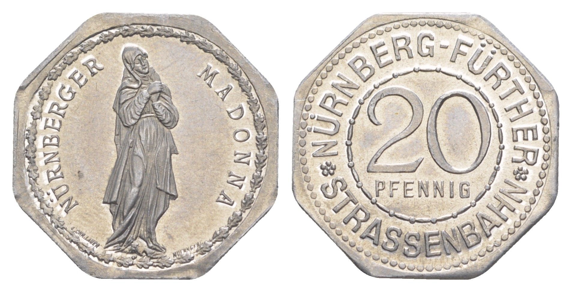 Нюрнберг трамвайный (транспортный) жетон в 20 пфеннигов ND (1920-1921) Нюрнбергская Мадонна Men05 19256.27, Men18 24102.27 алюминий UNC 4638-315