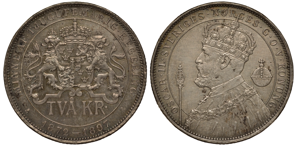 Швеция 2 кроны 1897 ЕВ, Оскар II (1872-1907) король Швеции и Норвегии, 25 лет правления KM 762 серебро 1515-1012
