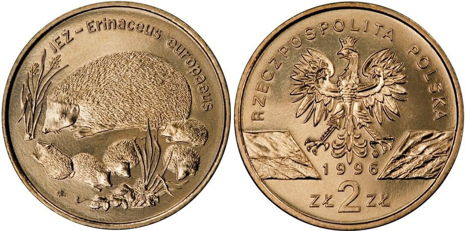 Польша 2 злотых 1996 MW, серия сохраним природу, еж с ежатами KM 311 нордик  UNC  1526-111