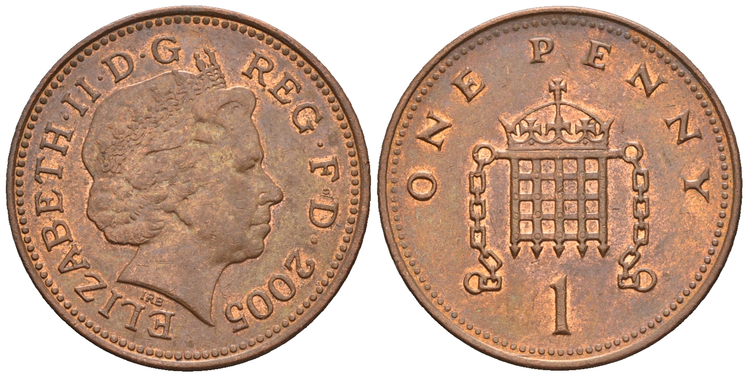 Великобритания 1 пенни 2005 Елизавета II (1952-2022) KM 986, Spink 4710 (B5) сталь плакированная медью 4609-623