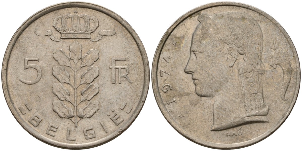 Бельгия 5 франков 1974 Belgie, Бодуэн I (1951-1993) KM 135 медно-никель 4156-642