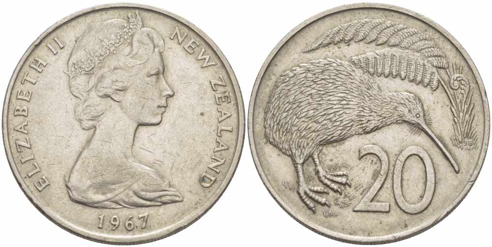 Новая Зеландия 20 центов 1967 Елизавета II (1952-2022), птичка киви KM 36.1 медно-никель 109-443