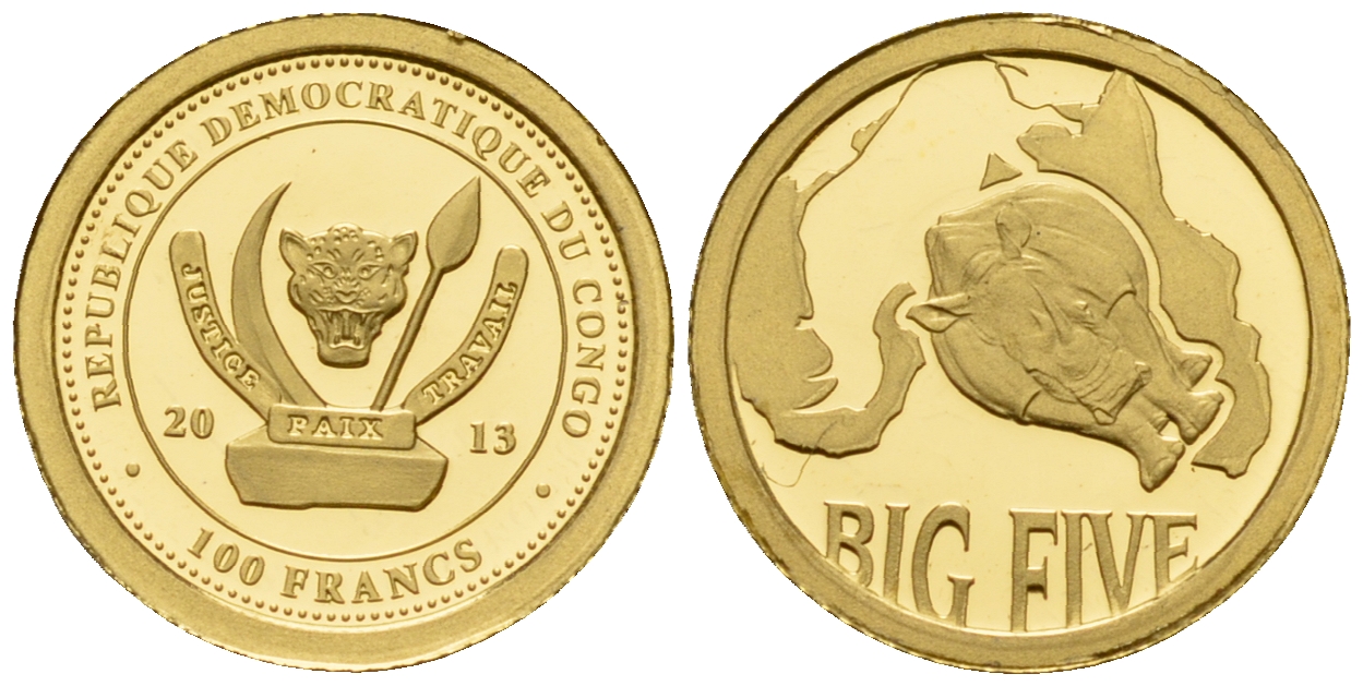 Конго 100 франков 2013 серия большая пятерка, носорог золото PROOF 00-804-13