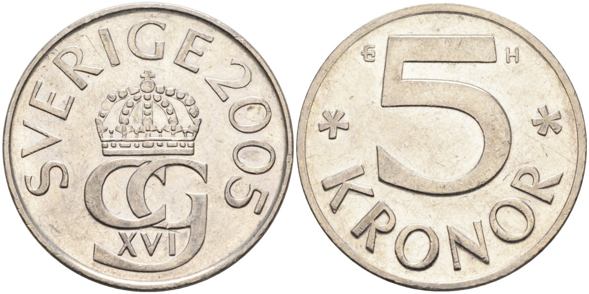 Швеция 5 крон 2005 H, Карл XVI Густав (1973- ) KM 853a никель плакированная медно-никелем 4367-1143