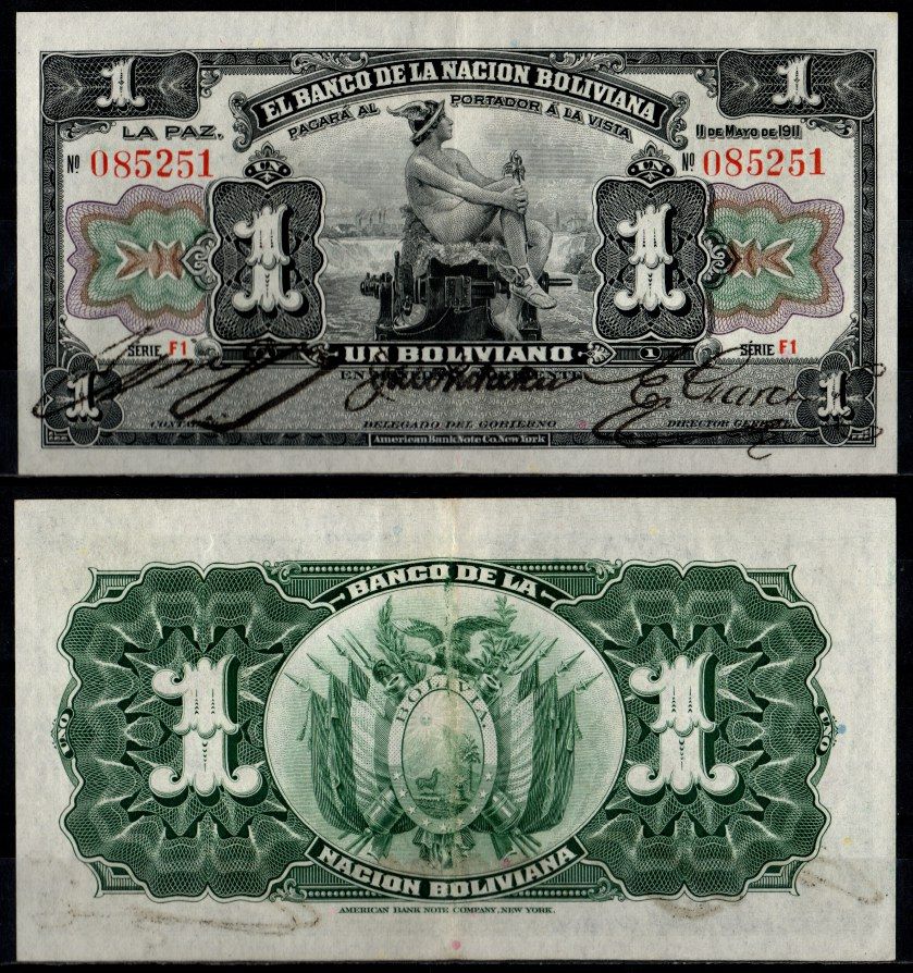 Боливия 1 боливиано 1911 Pick 102 b бумага 6280-17-3-1