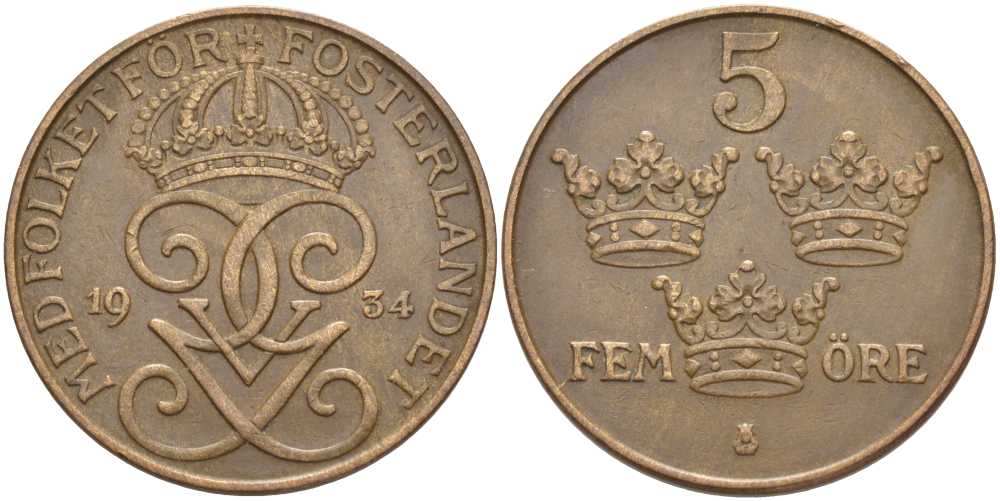 Швеция 5 эре 1934 Густав V (1907-1950) KM 779.2 бронза 115-842