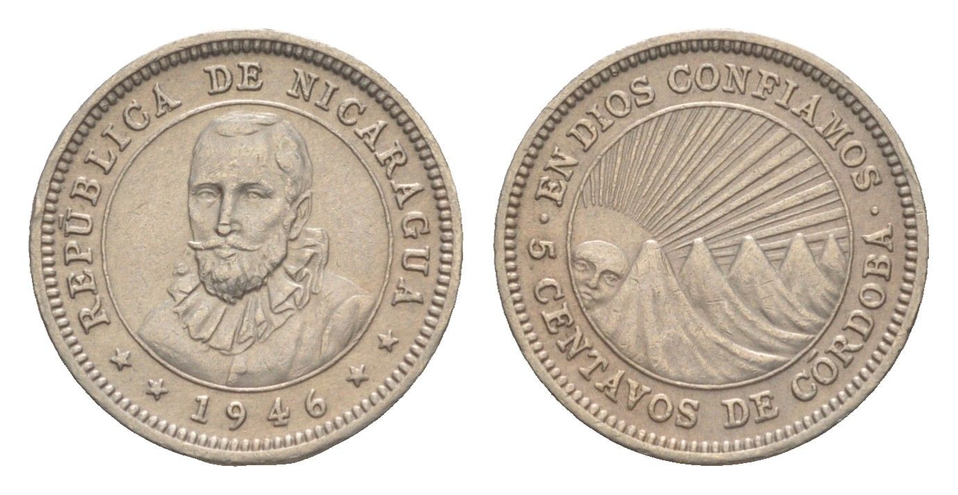 Никарагуа 5 сентаво 1946 KM 24.1 медно-никель aUNC 1528-1243