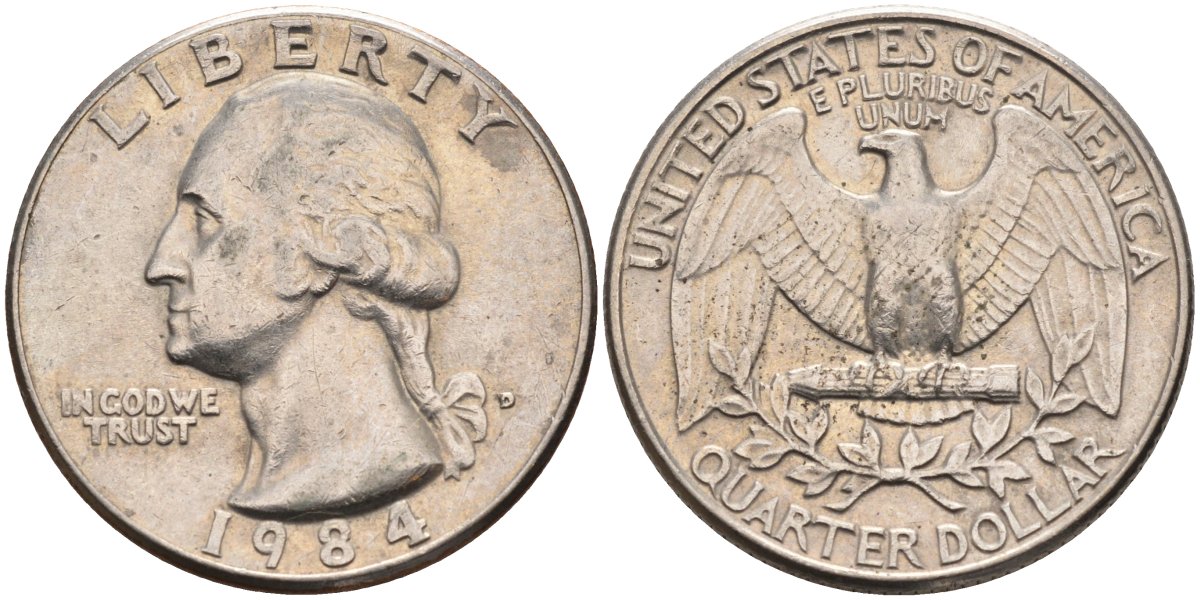 США 25 центов (квотер) 1984 D, Вашингтон KM A164a медь плакированная медно-никелем 4584-1215