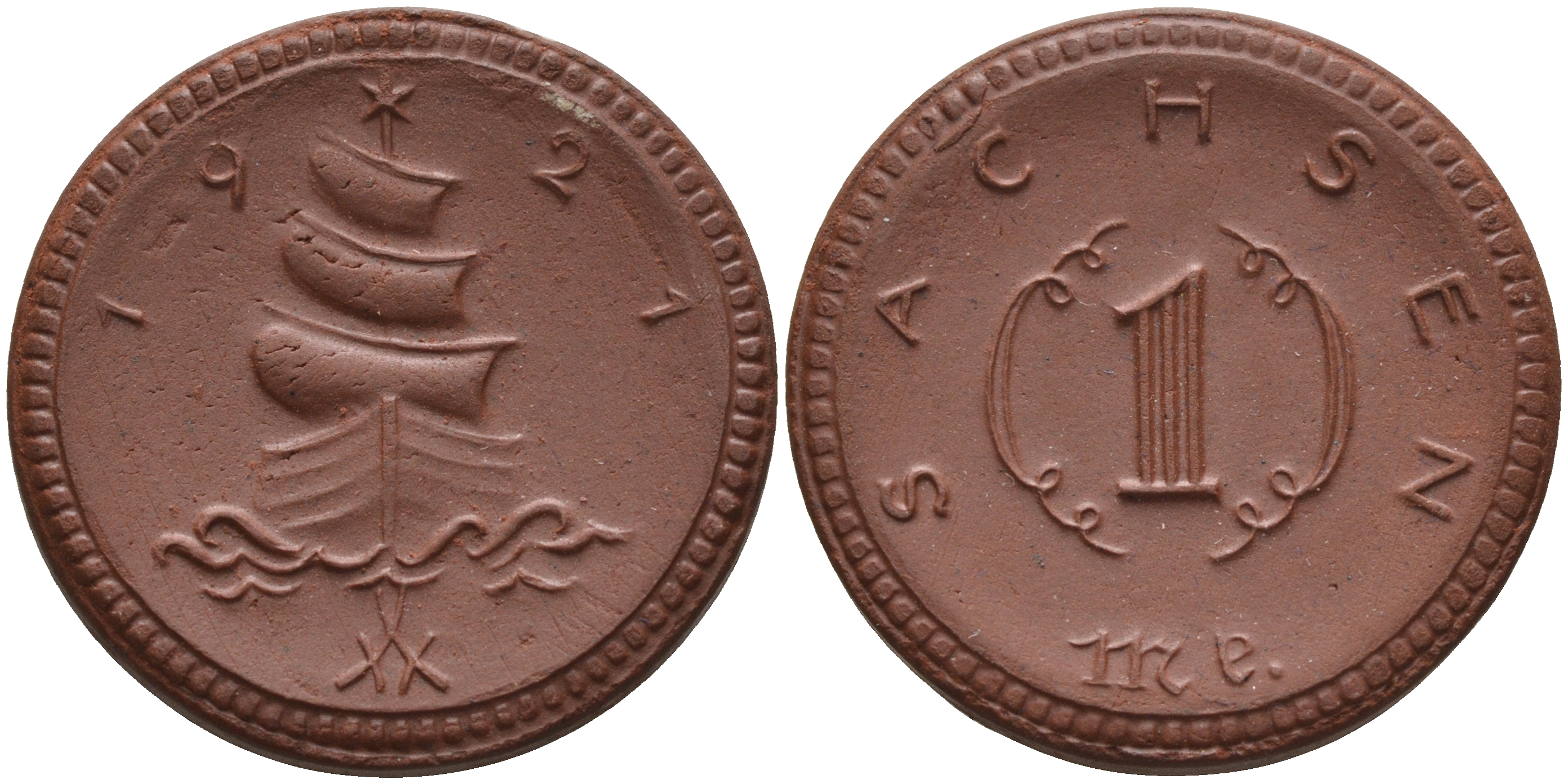 Саксония 1 марка 1921 парусник J. N 55 фарфор 1094-4-55