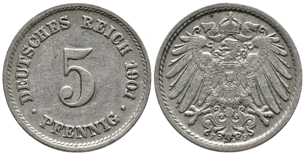 ГЕРМАНИЯ 5 ПФЕННИГОВ 1901 F KM 11, J. 12 медно-никель 39-748