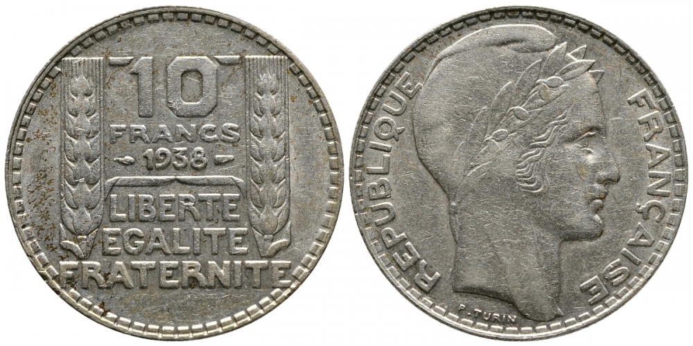 Франция 10 франков 1938 Пьер Тюрен KM 878, Le Franc 360.9 серебро 413-2825
