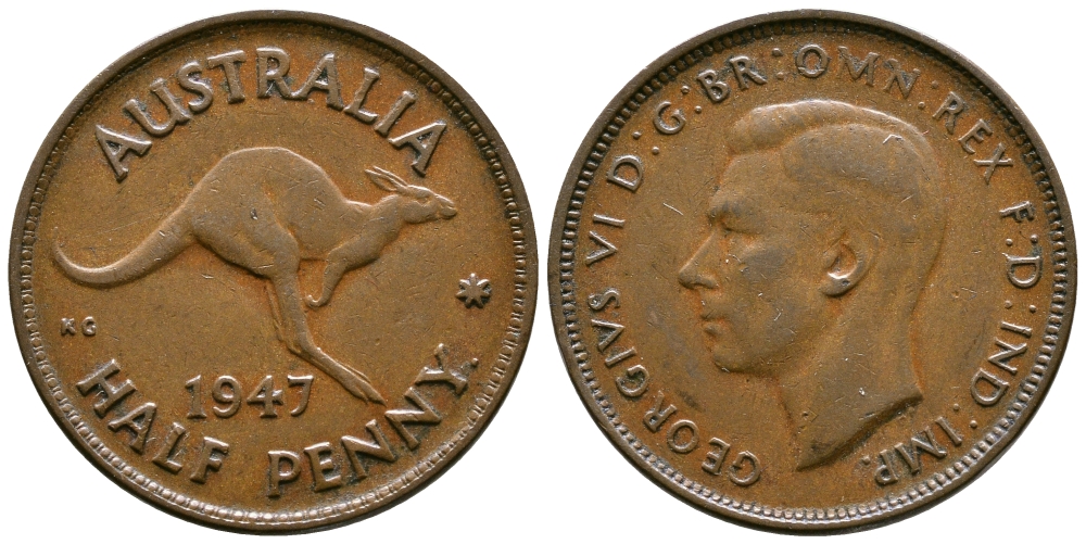 АВСТРАЛИЯ 1/2 ПЕННИ 1947 ГЕОРГ VI KM 41 бронза 4384-1211