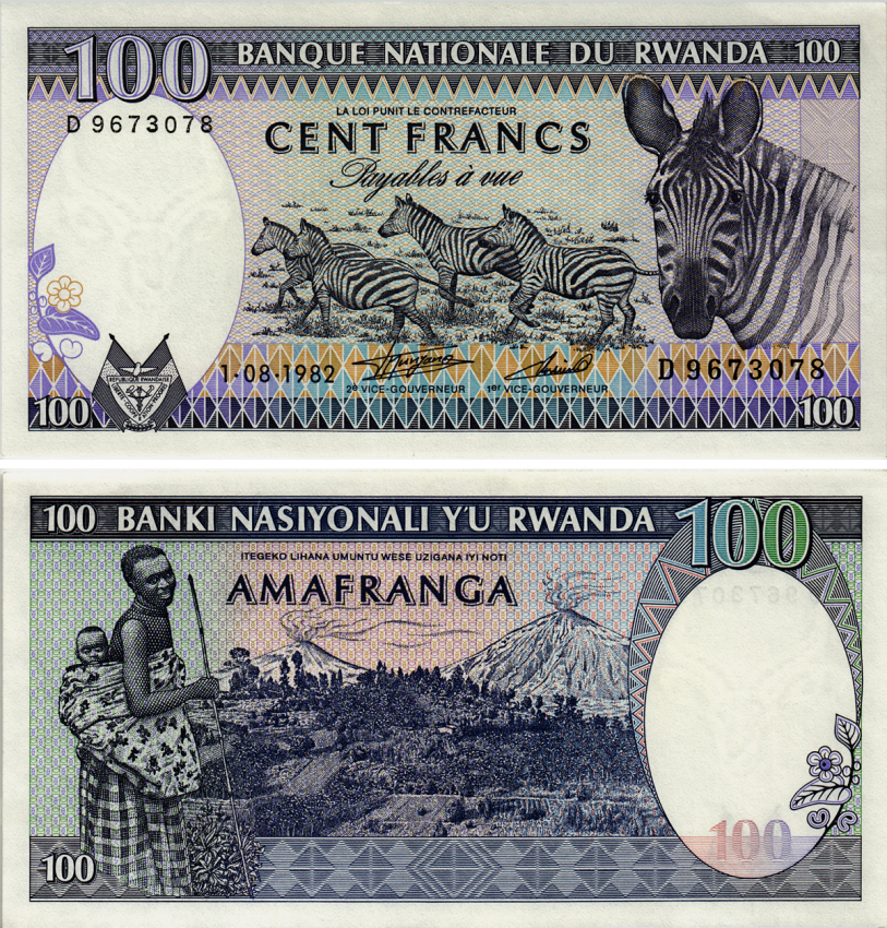 Руанда 100 франков 1982 1 августа 1982, зебры, женщина с ребенком, вулканы Pick 18 бумага 00-00