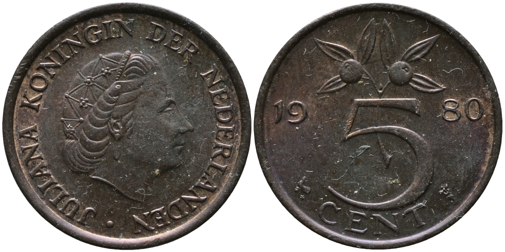 Нидерланды 5 центов 1980 Юлиана (1948-1980) KM 181 бронза 98-313