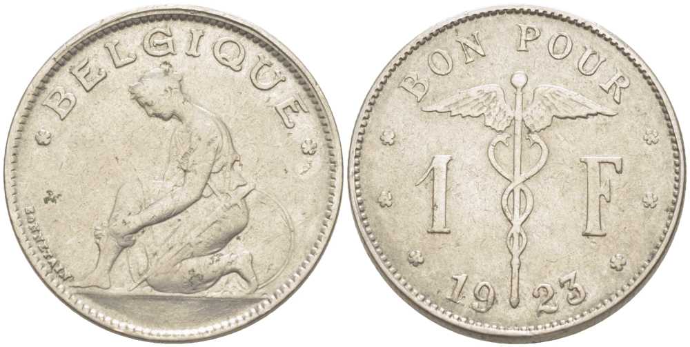 Бельгия 1 франк 1923 Belgique, Альберт I (1909-1934) KM 89 никель 202-915