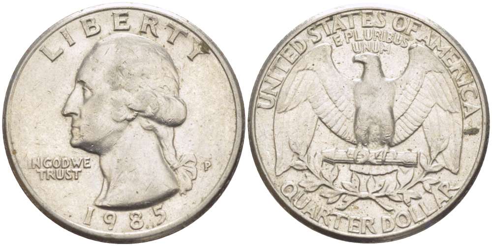 США 25 ЦЕНТОВ = КВОТЕР 1985 ВАШИНГТОН KM А164а медь плакированная медно-никелем 216-1054