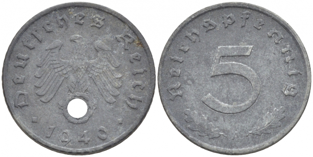 ГЕРМАНИЯ 5 РЕЙХСПФЕННИГОВ 1940 A, KM 100, J. 370 цинк 3996-1131