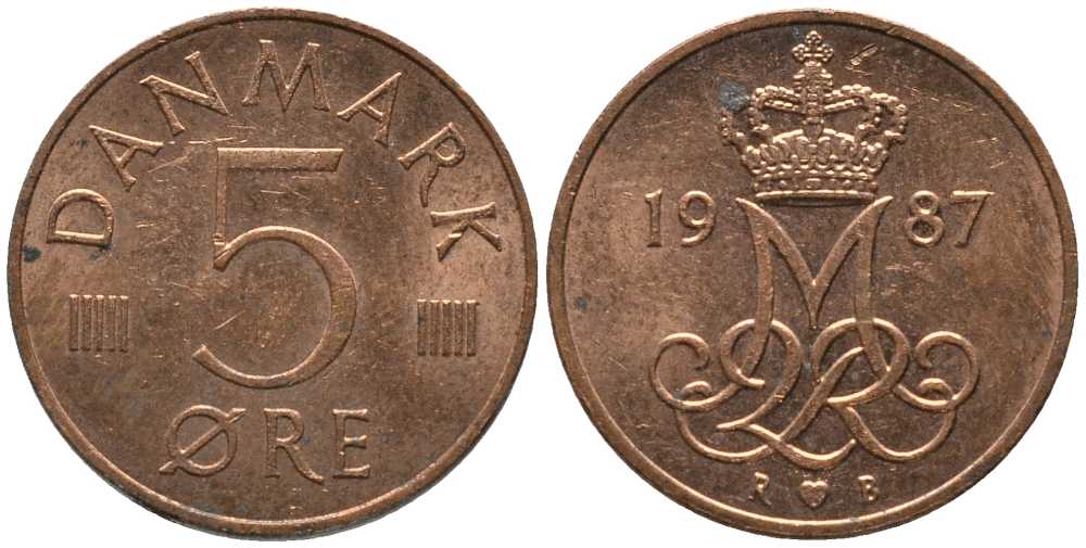 ДАНИЯ 5 ЭРЕ 1987 R; B, МАРГРЕТЕ II (1972-) KM 859.3 железо плакированное медью 116-212