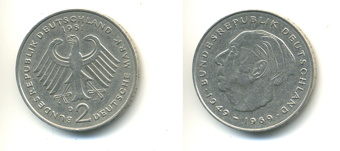 ФРГ 2 марки 1982 J, Теодор Хойс KM 127, J. 407 медно-никель плакированный никелем  83-1854