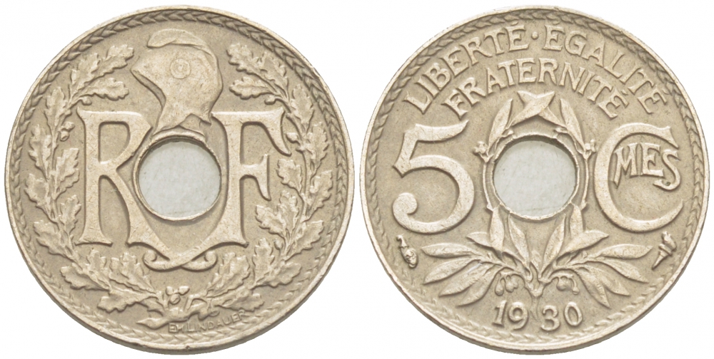 ФРАНЦИЯ 5 САНТИМОВ 1930 ТИП ЛИНДАЙЁ KM 875, LE FRANC 122.13 медно-никель 3309-1018