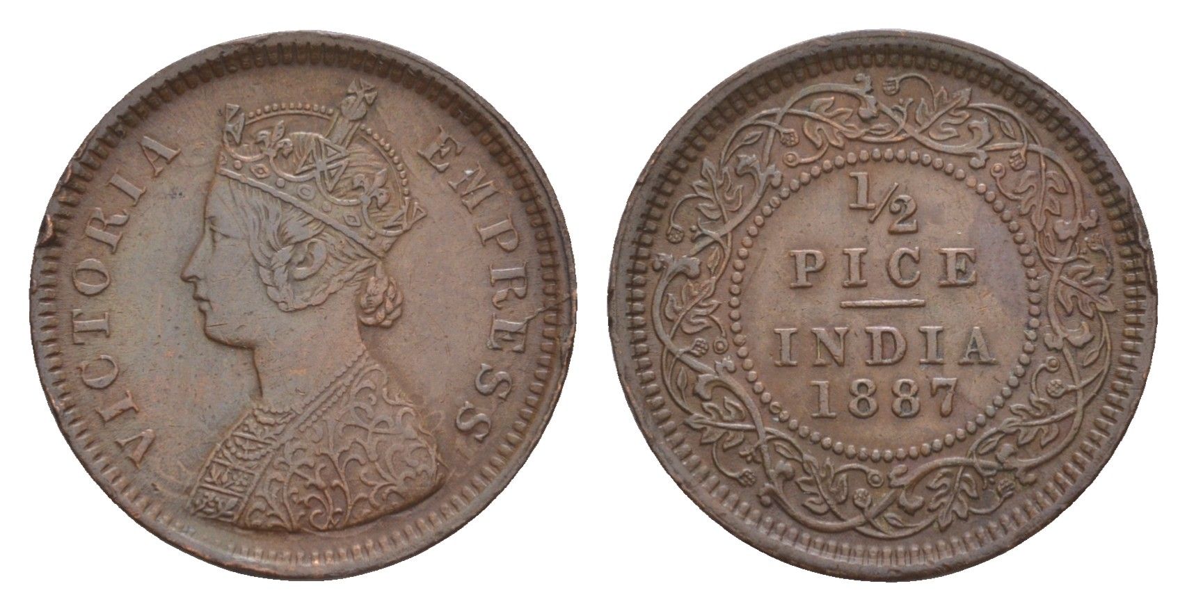 Британская Индия 1/2 пайса 1887 Виктория (1837-1901) KM 484 медь    1527-1413