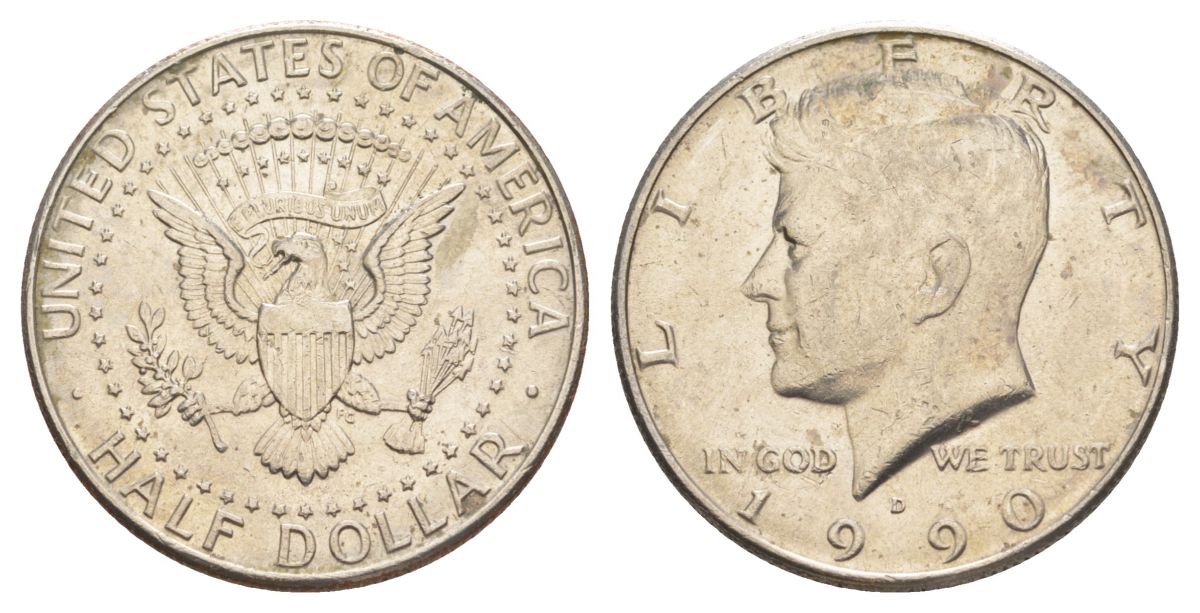США 1/2 доллара (50 центов) 1990 D, Джон Кеннеди KM A202b медь плакированная медно-никелем aUNC 4367-1024