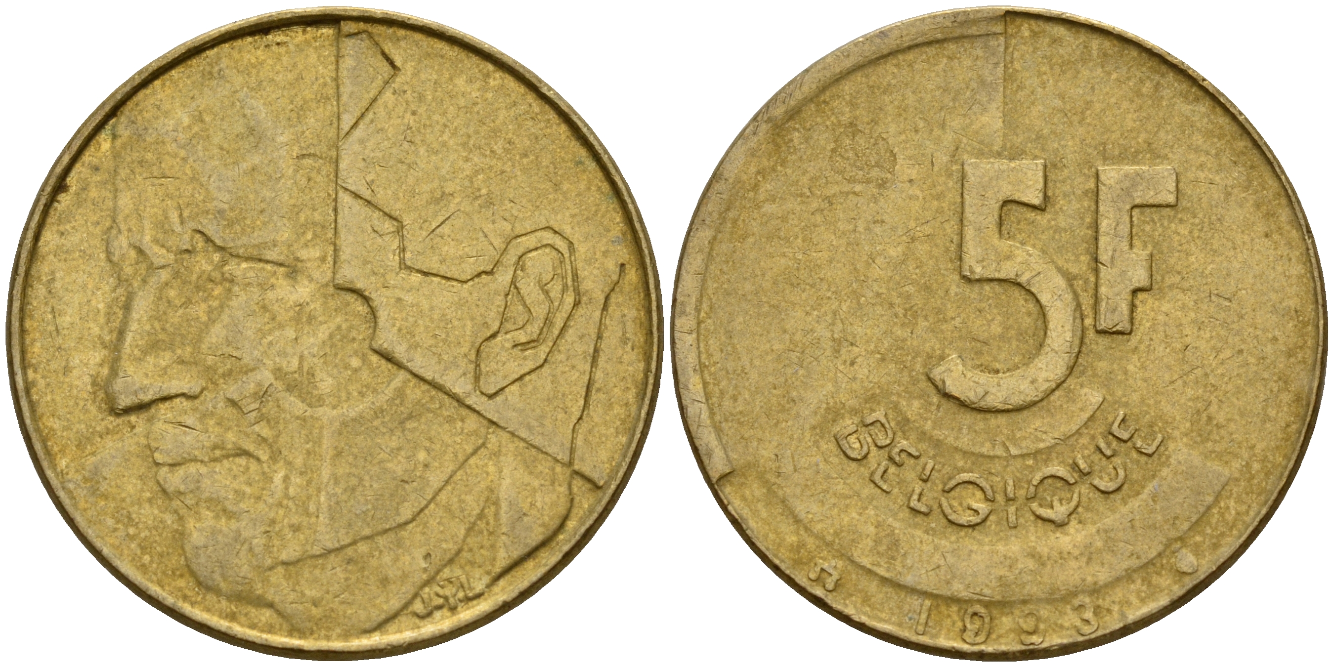 Бельгия 5 франков 1993 Belgique KM 163 алюминиевая бронза плакированная латунью    4187-435