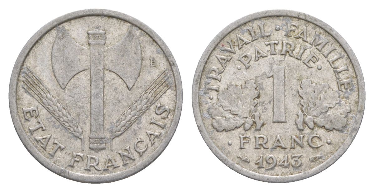 Франция 1 франк 1943 LB, тип LOURDE, правительство Виши KM 902.1, Le Franc 223.3 алюминий 4631-524
