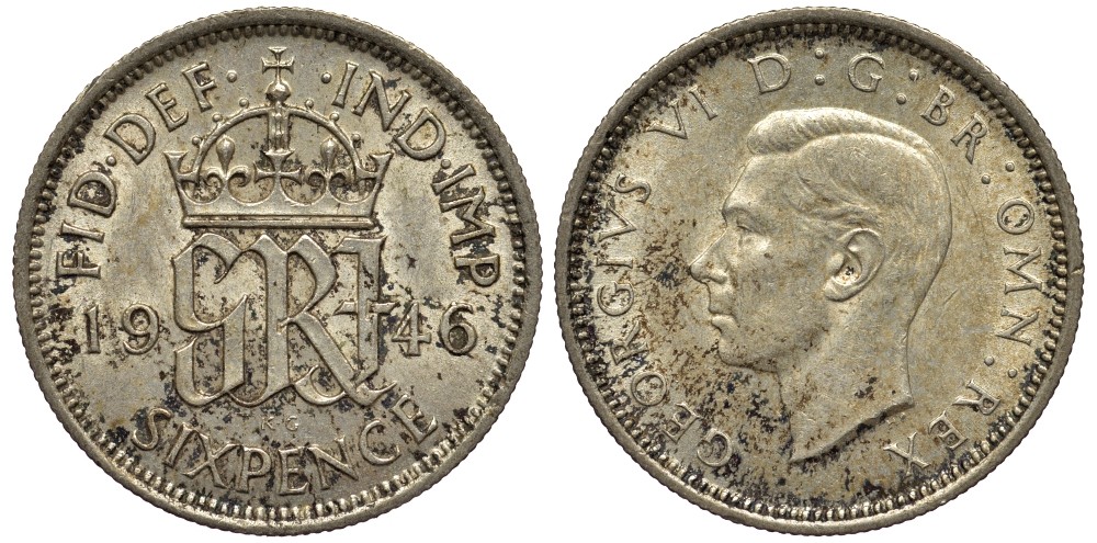 Великобритания 6 пенсов 1946 Георг VI (1936-1952) KM 852, Spink 4084 серебро 4538-622