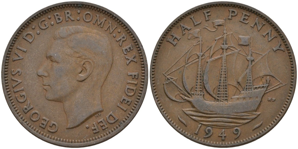 Великобритания 1/2 пенни 1952 Георг VI (1936-1952) KM 868, Spink 4118 бронза 4146-246